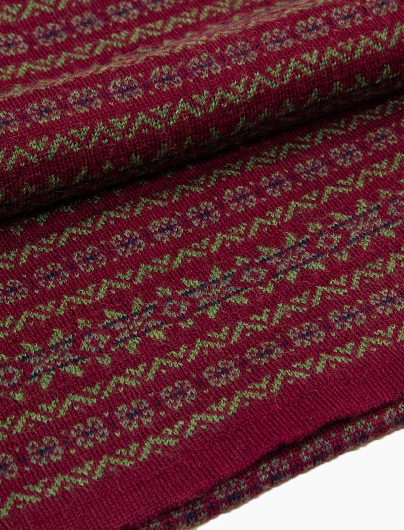 Burgundy Fair Isle Knitted Wool Scarf