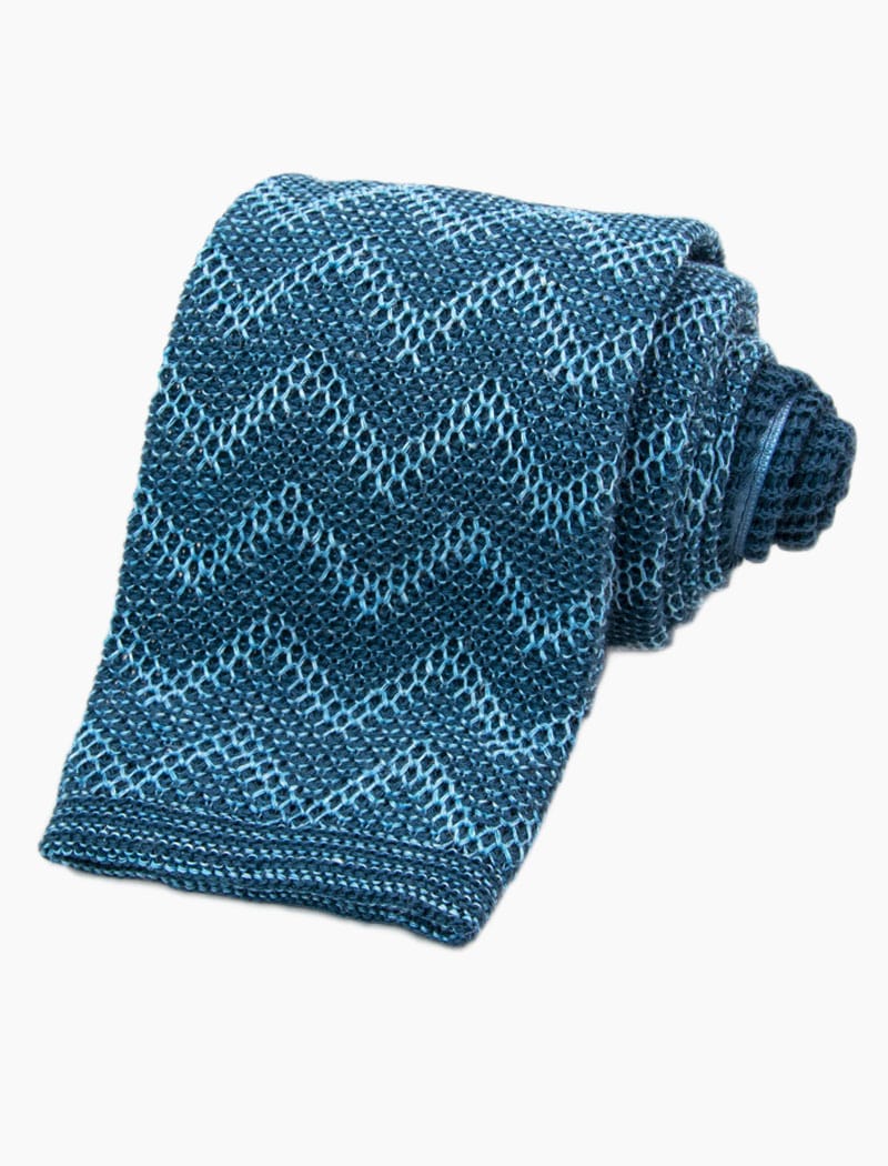 Teal Chevron Striped Cotton & Linen Knitted Tie | 40 Colori