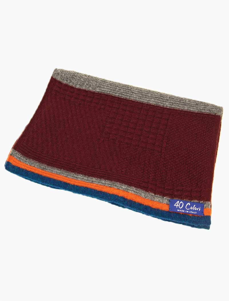 Burgundy & Orange Textured Thick Striped Knitted Wool & Cashmere Scarf - 40 Colori