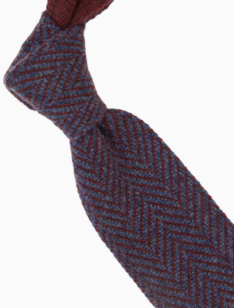 Burgundy & Blue Herringbone Cashmere Knitted Tie | 40 Colori 