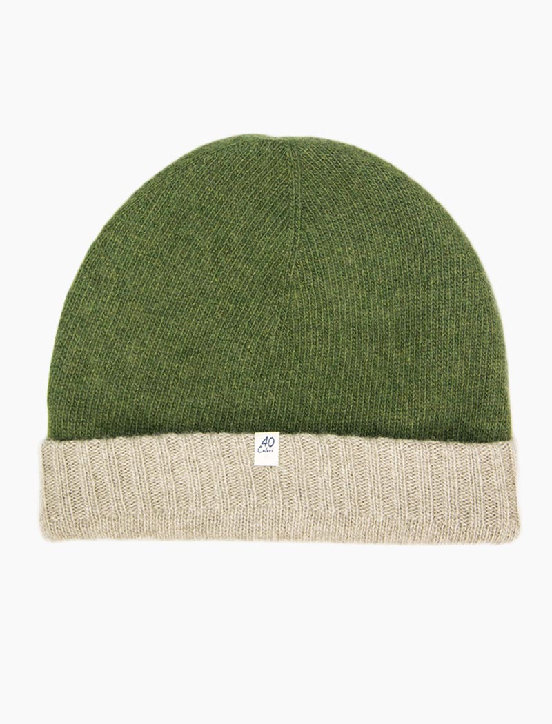 Green & Beige Reversible Fitted Wool & Cashmere Beanie | 40 Colori 