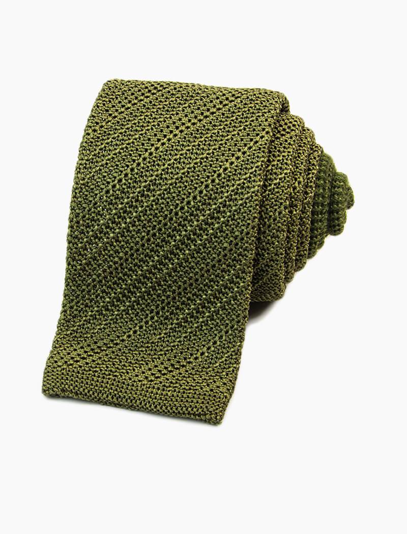 Olive Green Solid Diagonal Striped Silk Knitted Tie | 40 Colori