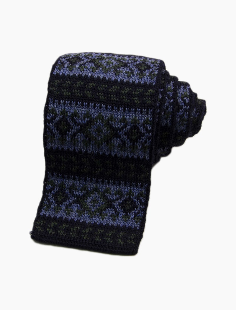 Blue Fair Isle Wool Knitted Tie