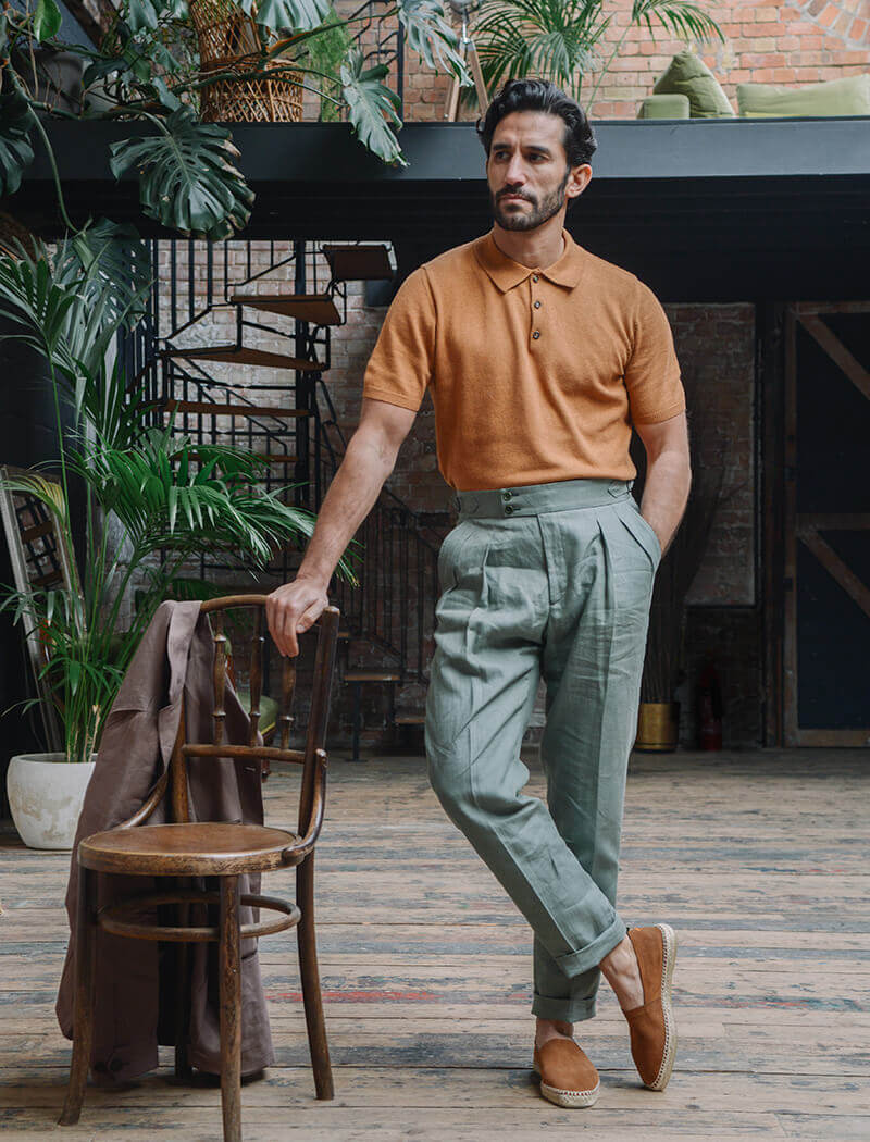 Sage Green Linen Double Pleated Trousers | 40 Colori