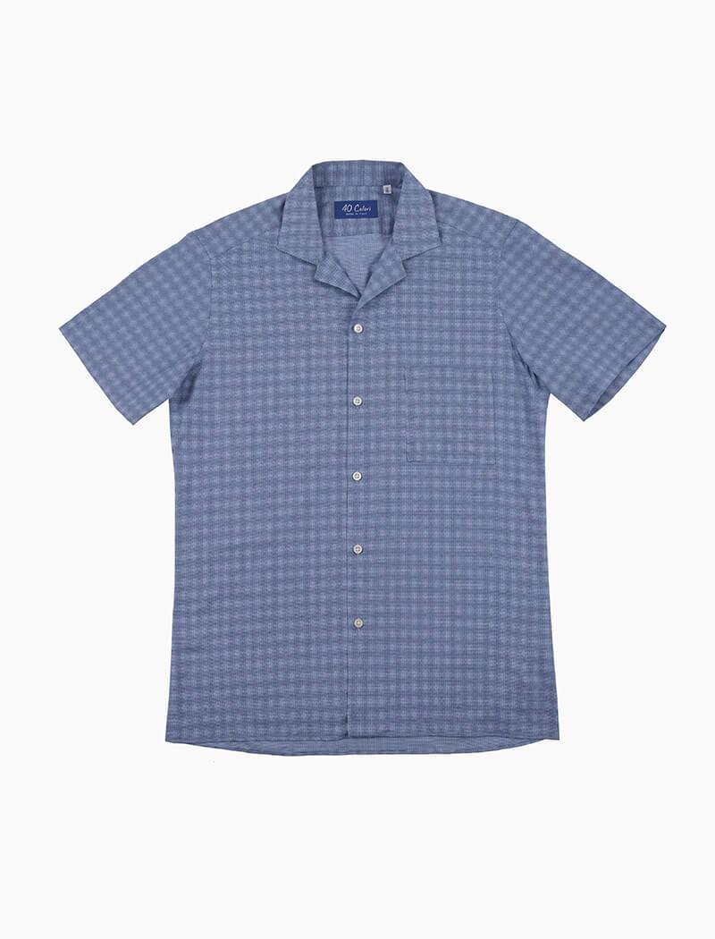 Blue Patterned Cotton Short Sleeve Shirt | 40 Colori