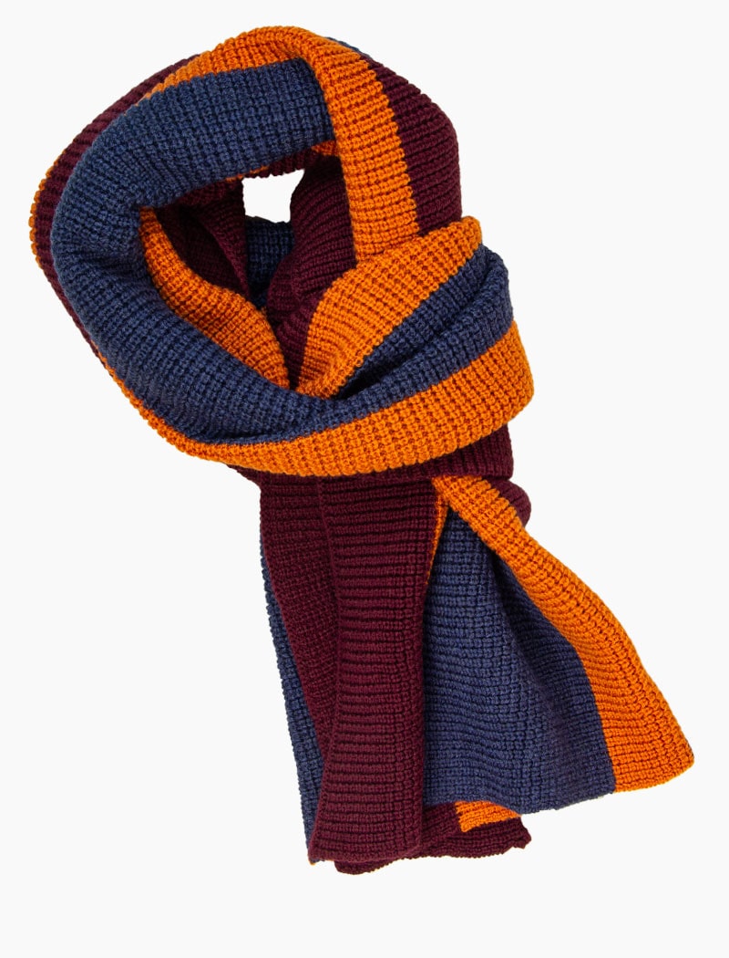 Burgundy & Orange Vertical Striped Knitted Wool Scarf