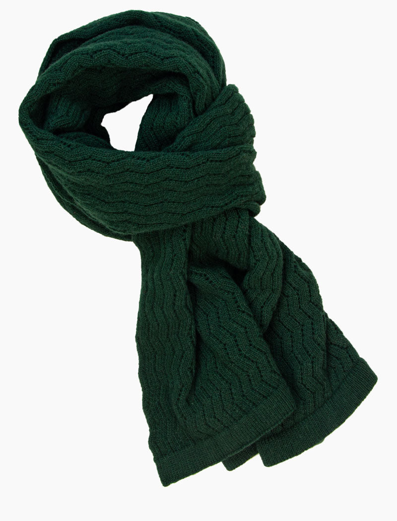 Dark Green Solid Zig Zag Knitted Wool & Cashmere Scarf