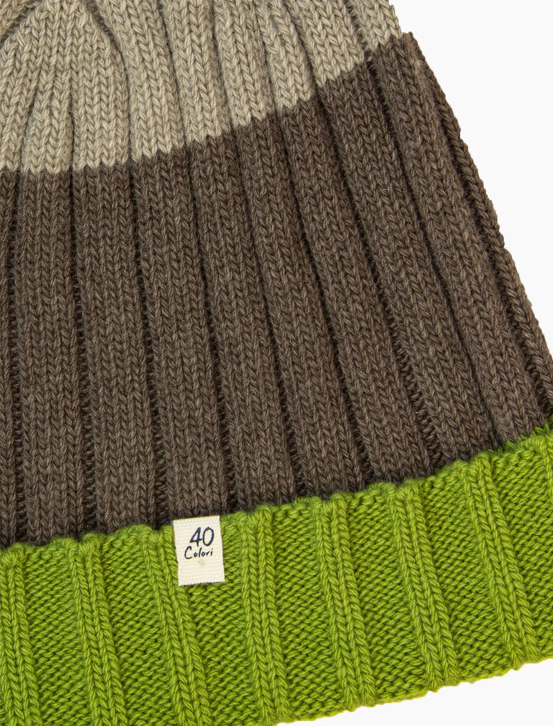 Green & Beige Striped Ribbed Wool & Cashmere Beanie