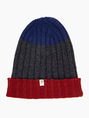 Blue & Burgundy Striped Ribbed Wool & Cashmere Beanie