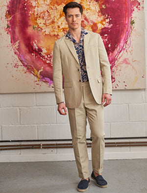 Light Beige Solid Cotton Linen Blend Blazer