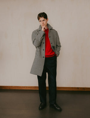 Black & White Houndstooth Wool Long Overcoat