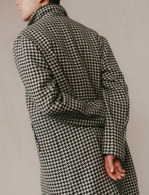 Black & White Houndstooth Wool Long Overcoat