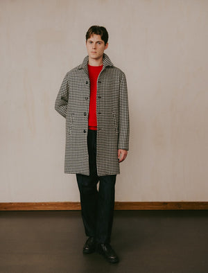 Black & White Houndstooth Wool Long Overcoat