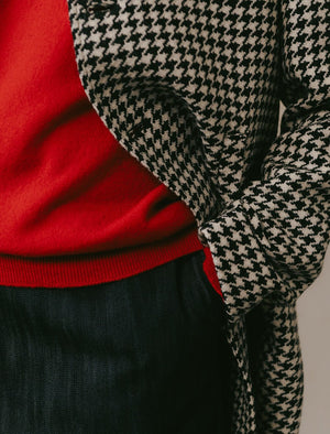 Black & White Houndstooth Wool Long Overcoat