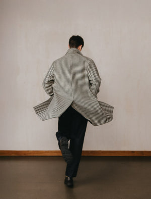 Black & White Houndstooth Wool Long Overcoat