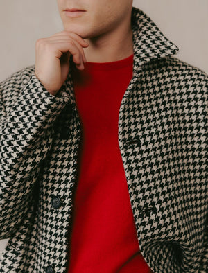 Black & White Houndstooth Wool Long Overcoat