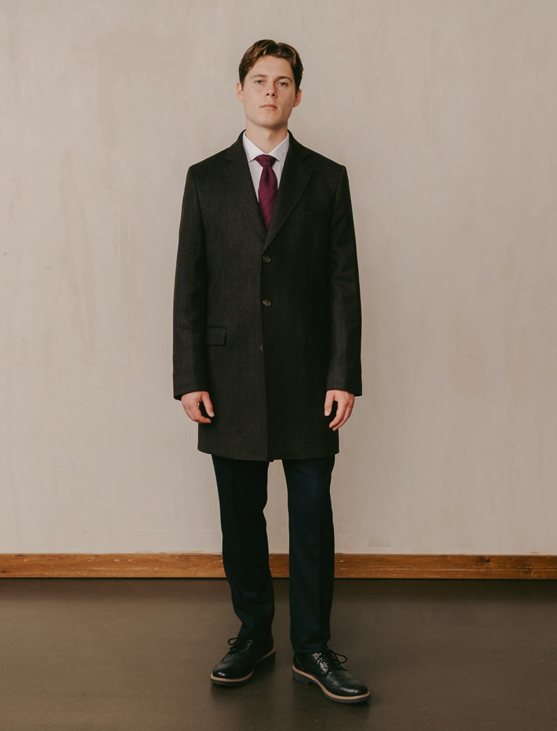 Brown & Black Herringbone Wool & Cashmere Formal Overcoat | 40 Colori