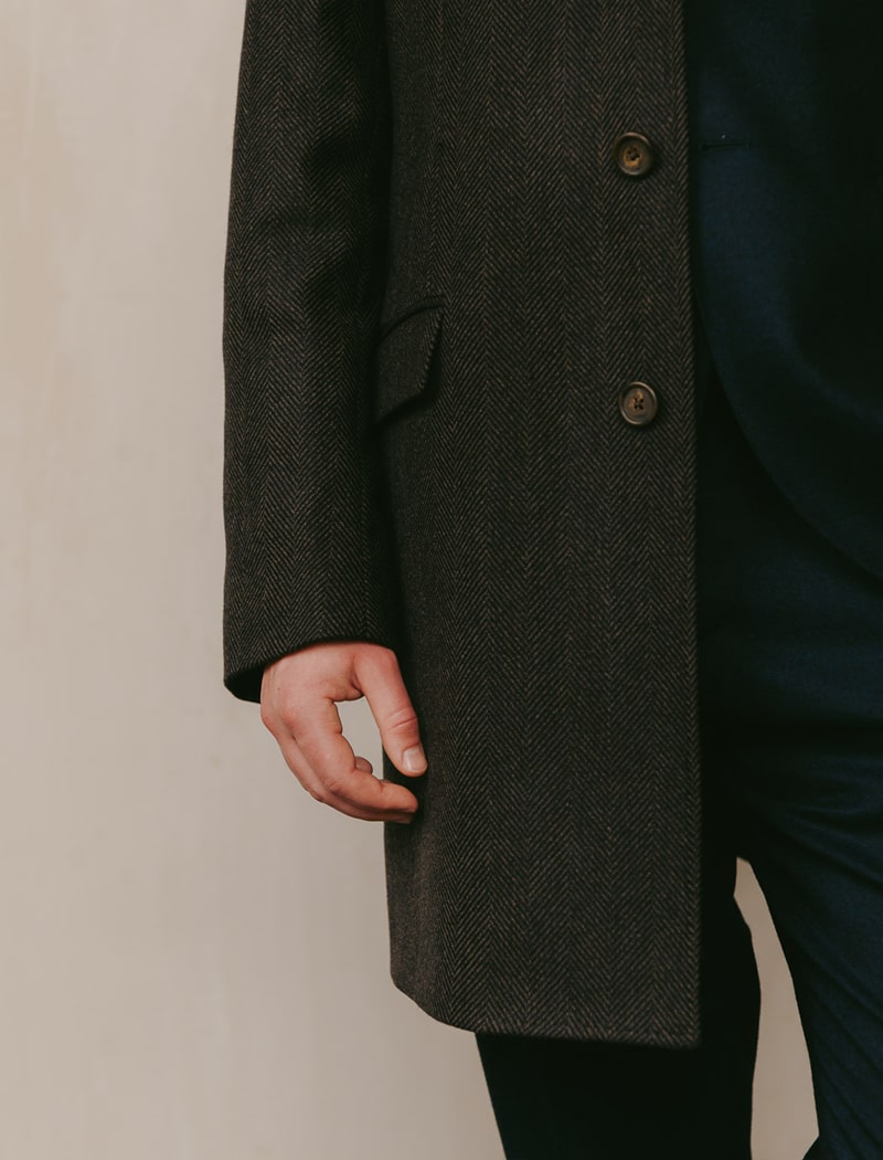 Brown & Black Herringbone Wool & Cashmere Formal Overcoat | 40 Colori