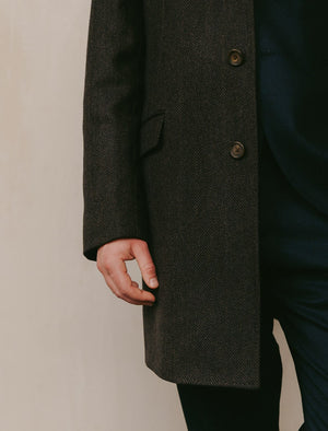 Brown & Black Herringbone Wool & Cashmere Formal Overcoat | 40 Colori
