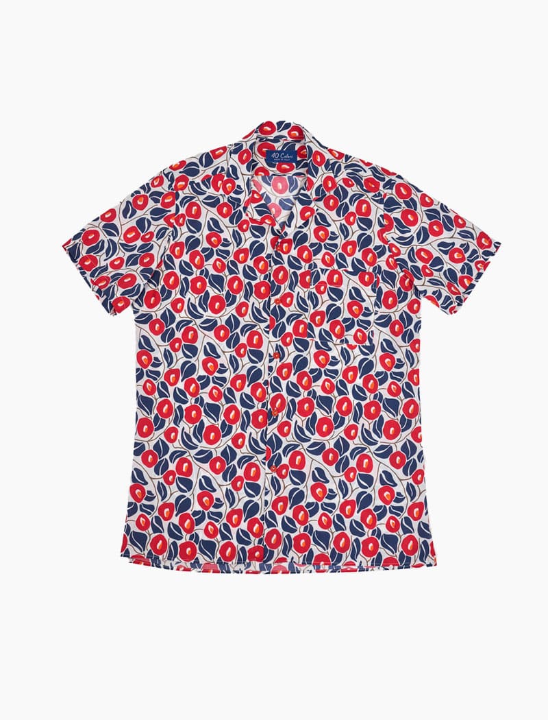 White & Red Flowers Cotton Short Sleeve Shirt