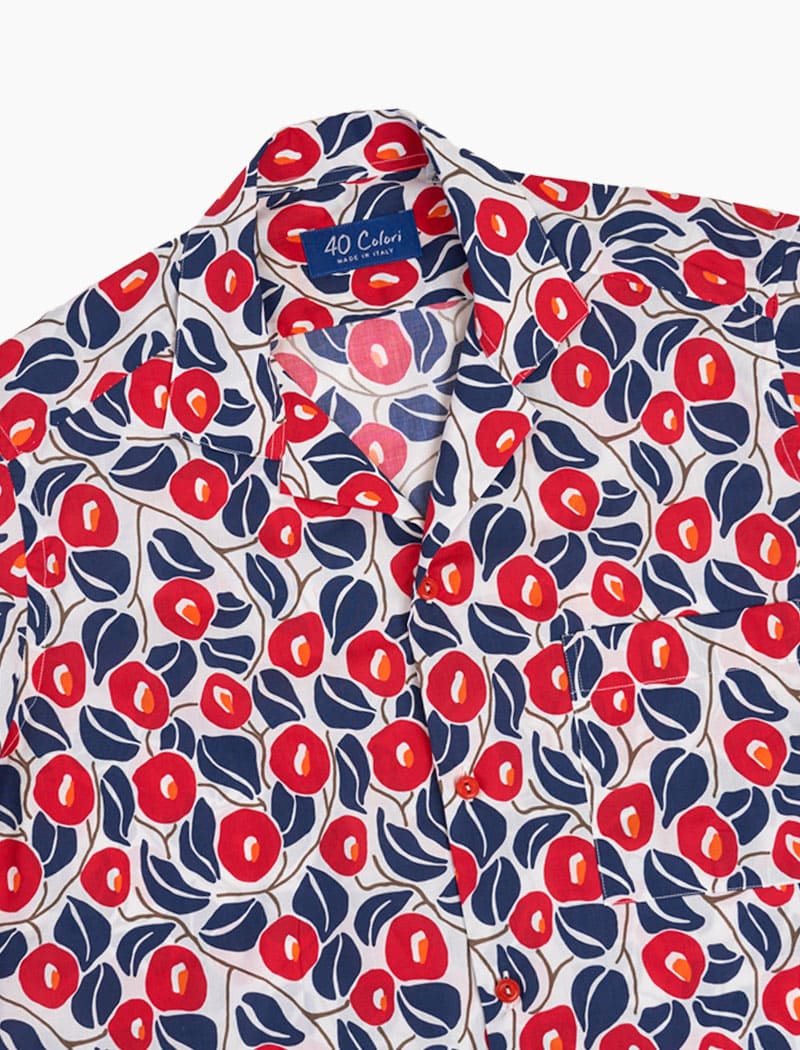 White & Red Flowers Cotton Short Sleeve Shirt