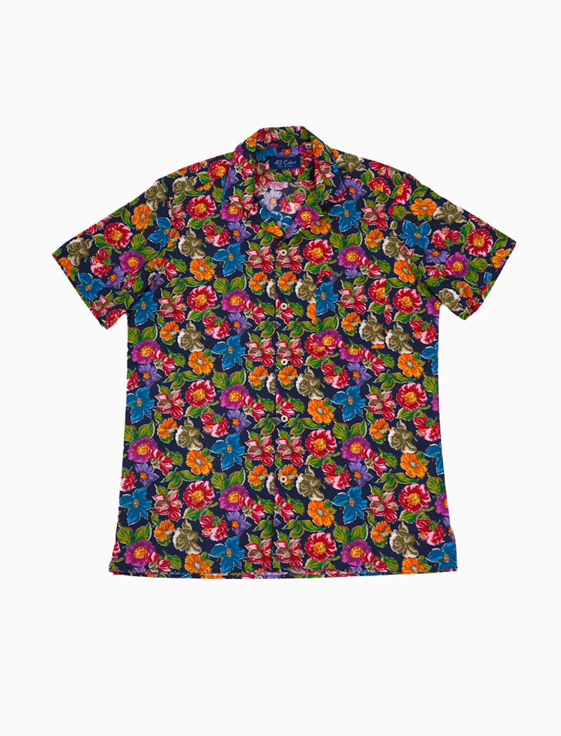 Navy Flowers Cotton Short Sleeve Shirt