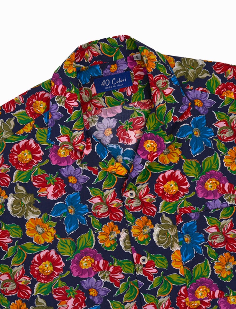 Navy Flowers Cotton Short Sleeve Shirt