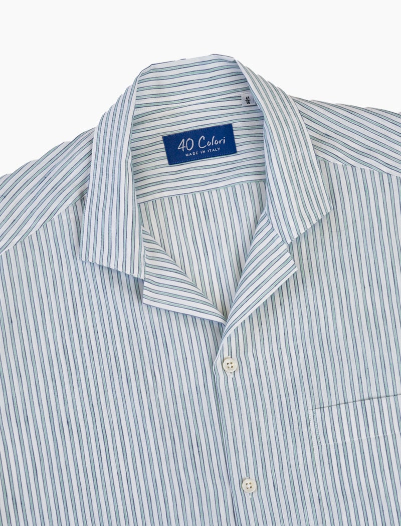 Green & Blue Striped Linen & Cotton Short Sleeve Shirt