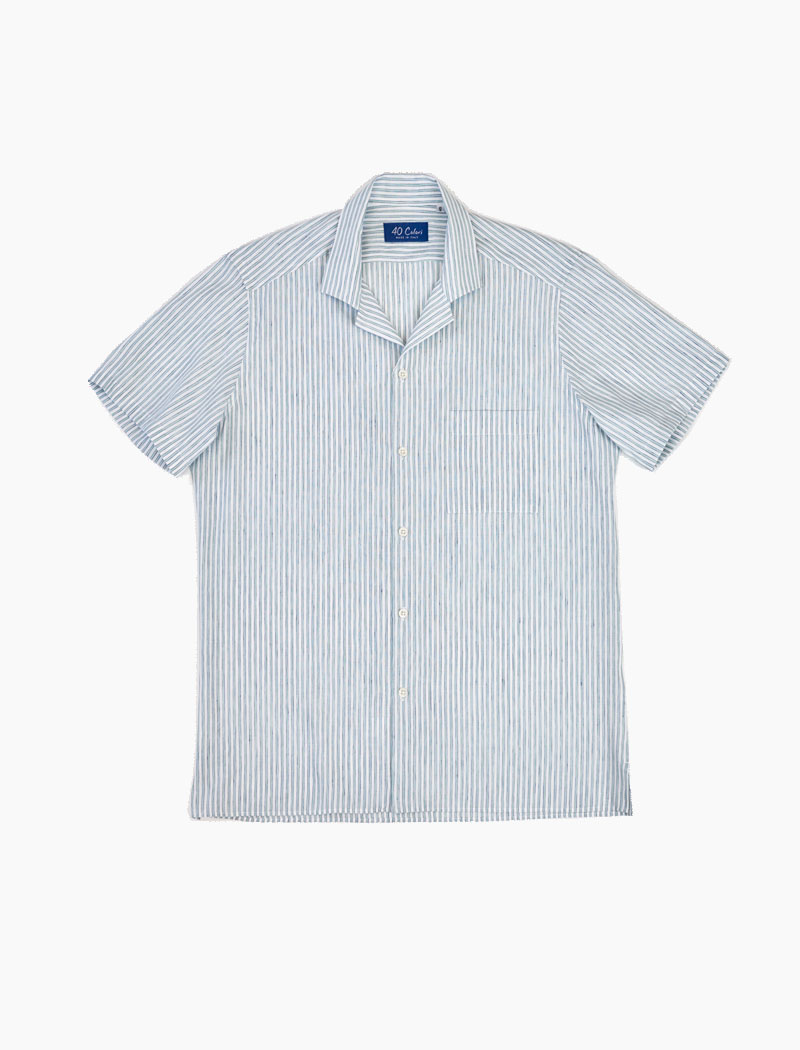 Green & Blue Striped Linen & Cotton Short Sleeve Shirt