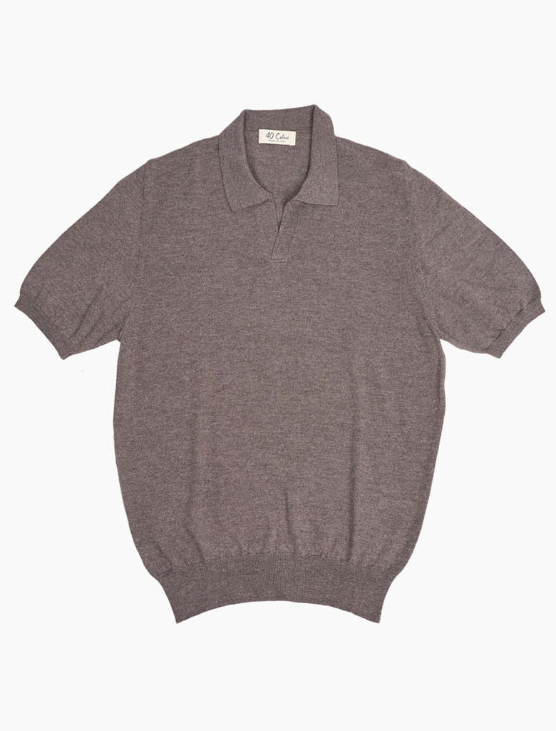 Men's Mink Brown Wool Short Sleeve V Neck Knit Polos - 40 Colori