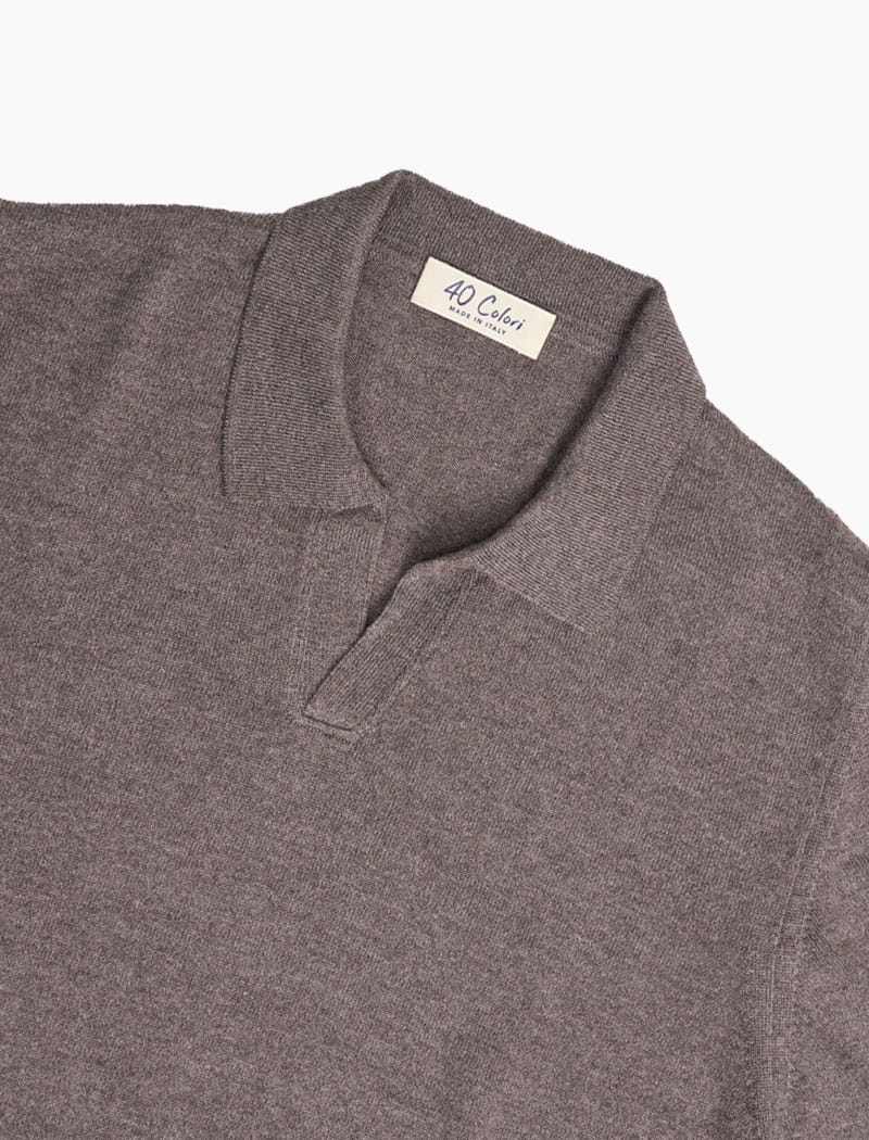 Mink Brown Wool Short Sleeve V Neck Knit Polo