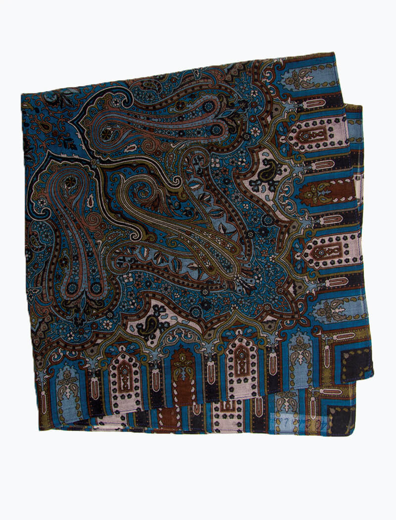 Blue Vintage Paisley Printed Wool Bandana | 40 Colori