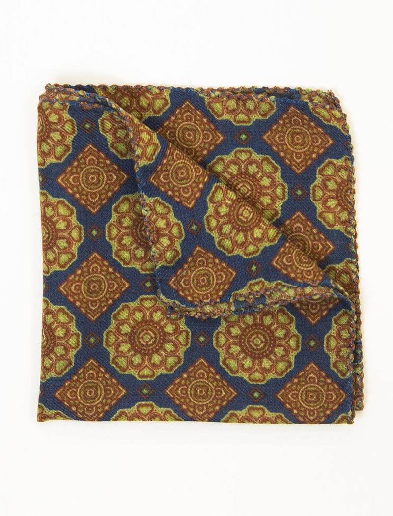 Blue Geometric Tiles Printed Wool Bandana | 40 Colori