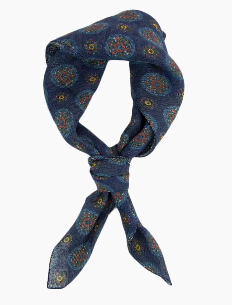 Navy Small Medallions Printed Linen Bandana | 40 Colori