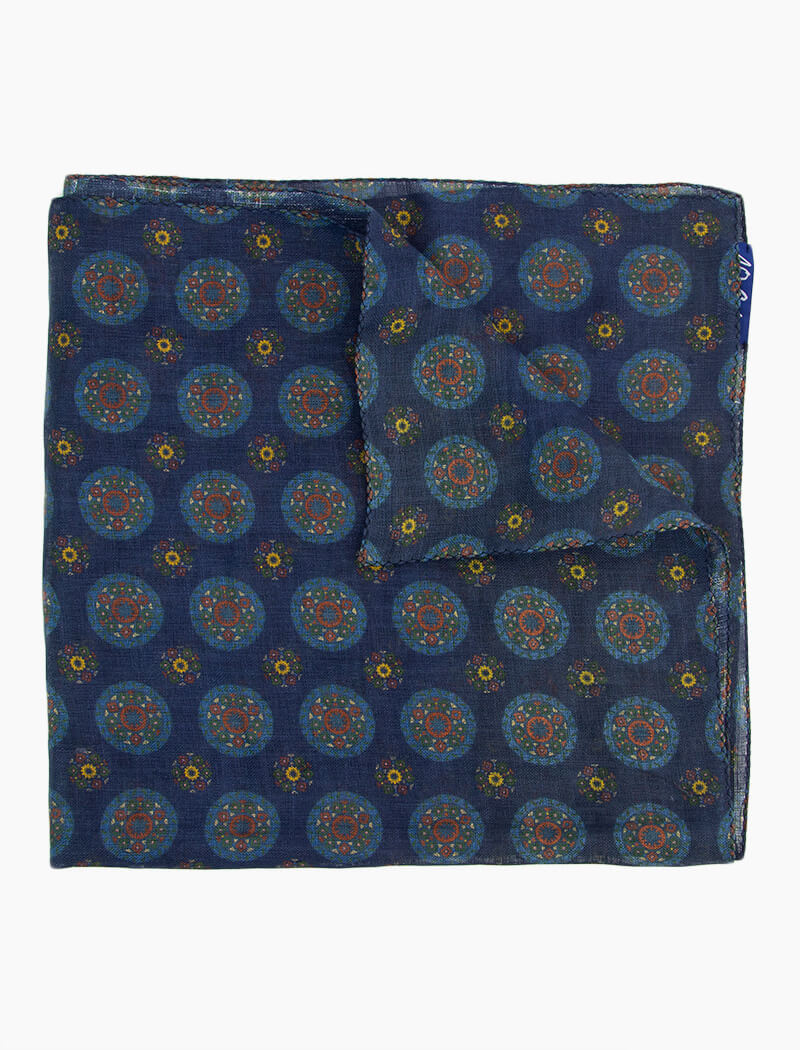 Navy Small Medallions Printed Linen Bandana | 40 Colori