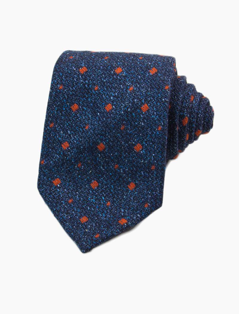 Petrol Blue & Orange Small Squares Wool & Silk Tie | 40 Colori