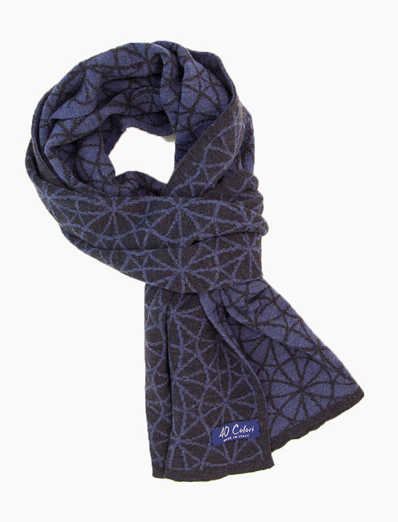 Blue Geometric Flowers Reversible Wool Scarf | 40 Colori