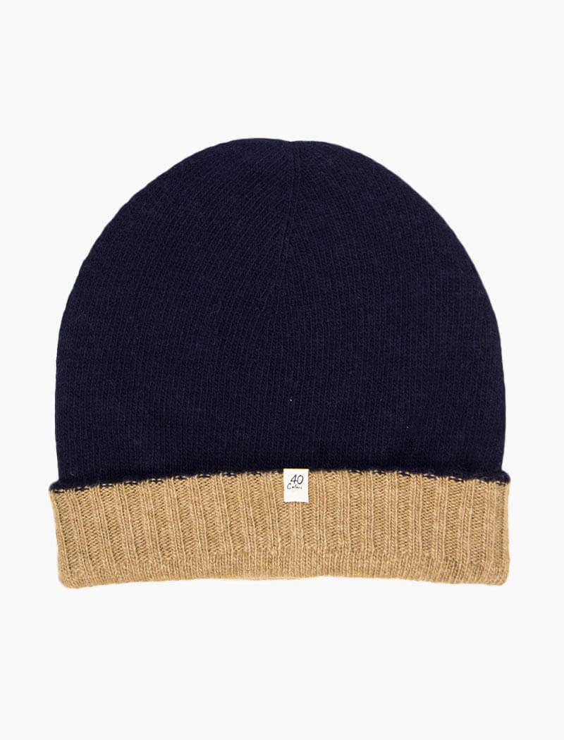 Navy & Beige Reversible Wool & Cashmere Beanie | 40 Colori 