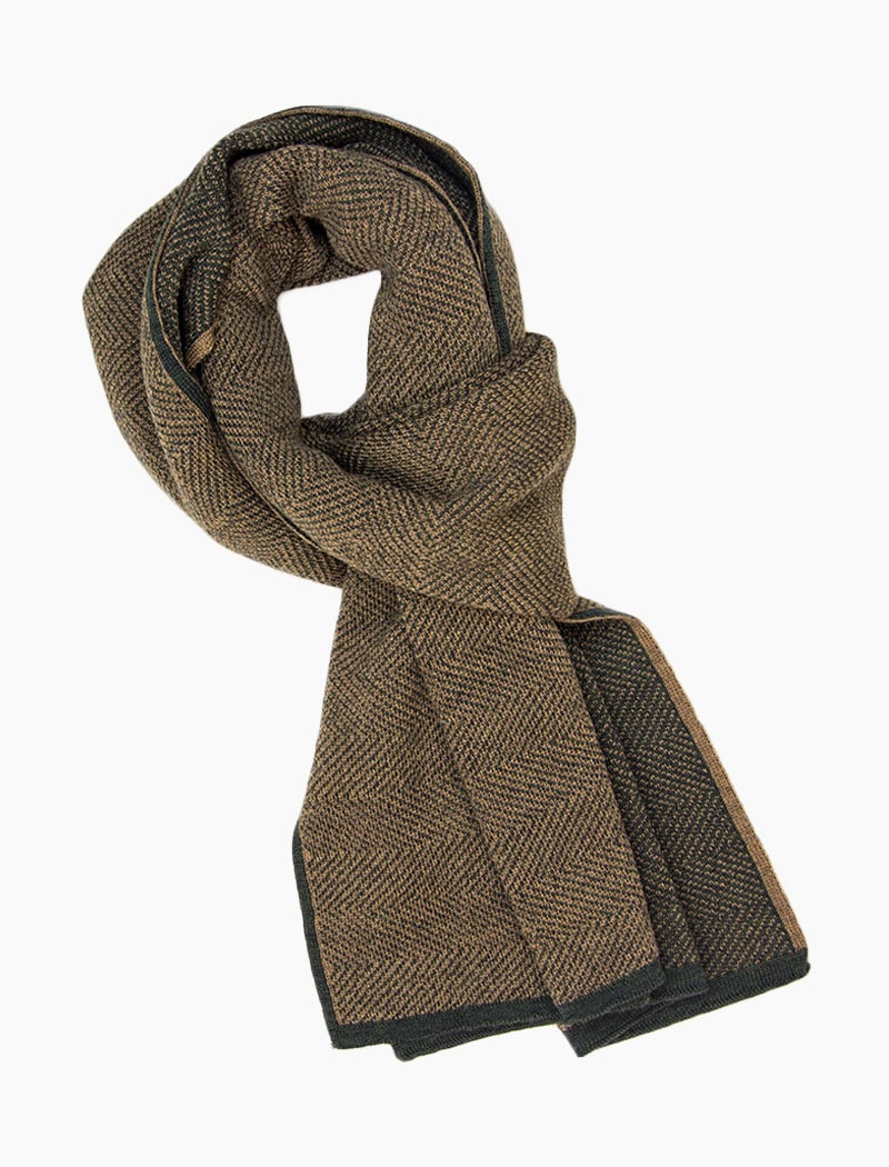 Military Green & Brown Reversible Herringbone Wool Scarf | 40 Colori