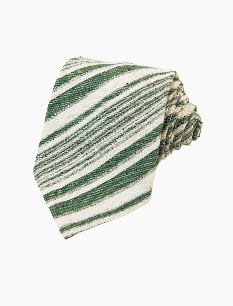 Green Textured Multi Striped Silk, Linen & Cotton Blend Tie | 40 Colori