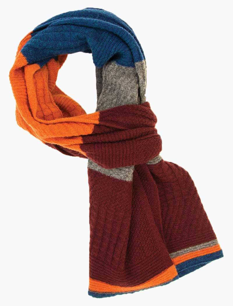 Burgundy & Orange Textured Thick Striped Knitted Wool & Cashmere Scarf - 40 Colori