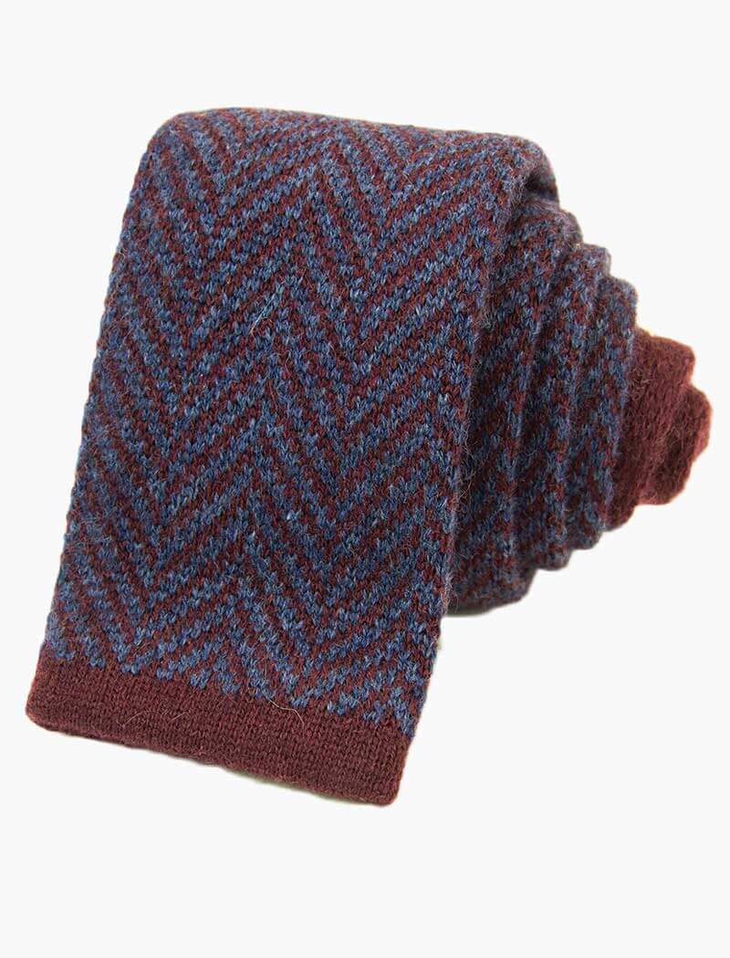Burgundy & Blue Herringbone Cashmere Knitted Tie | 40 Colori 