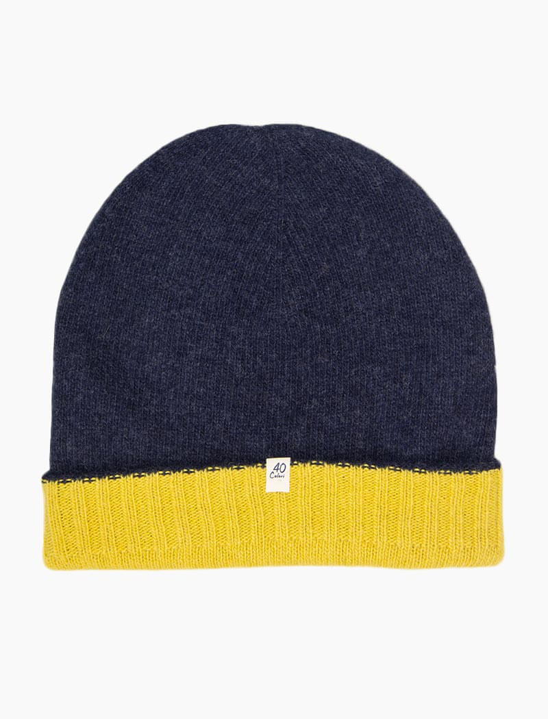 Navy & Yellow Fitted Reversible Wool & Cashmere Beanie | 40 Colori