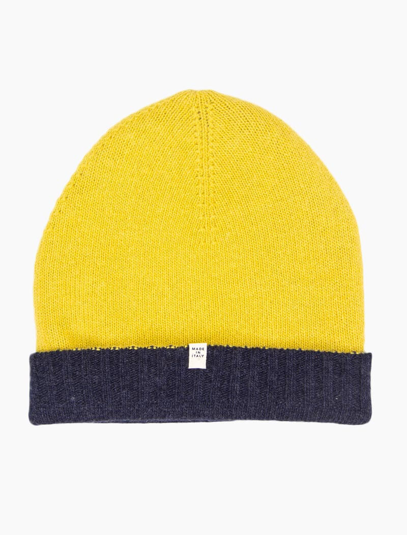 Navy & Yellow Fitted Reversible Wool & Cashmere Beanie | 40 Colori