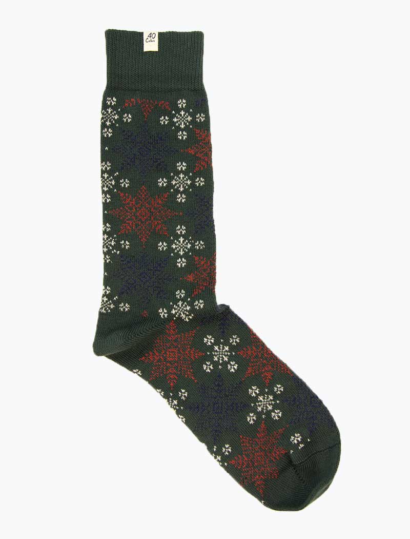 Dark Green Snowflakes Thick Organic Cotton Socks | 40 Colori