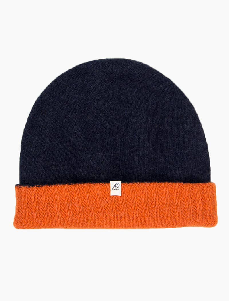 Navy & Orange Reversible Fitted Wool & Cashmere Beanie | 40 Colori