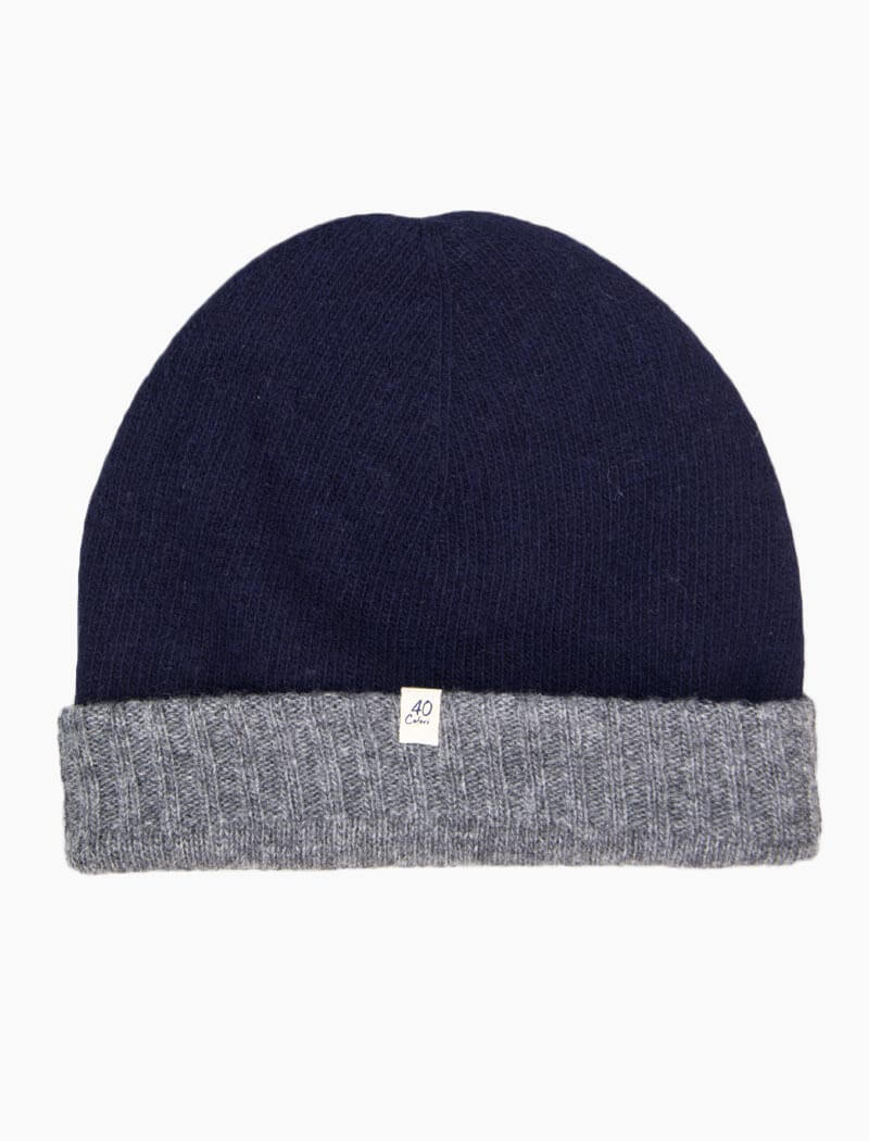 Navy & Grey Reversible Fitted Wool & Cashmere Beanie | 40 Colori