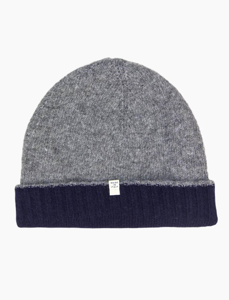 Navy & Grey Reversible Fitted Wool & Cashmere Beanie | 40 Colori