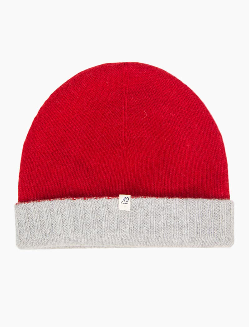 Red & Light Grey Reversible Fitted Wool & Cashmere Beanie | 40 Colori
