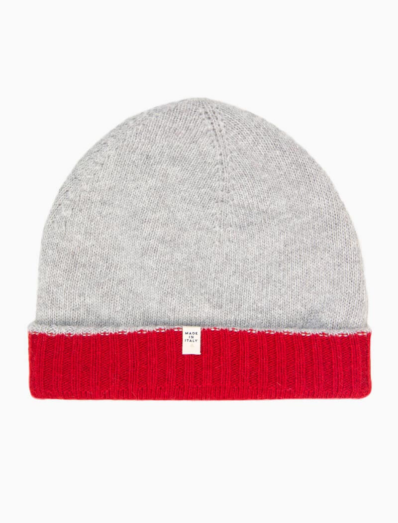 Red & Light Grey Reversible Fitted Wool & Cashmere Beanie | 40 Colori